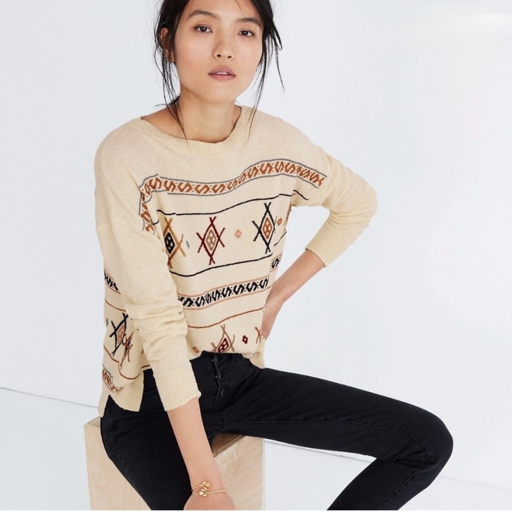 Madewell Embroidered Reseda Pullover Boatneck Sweater Aztec Cream Women’s Large